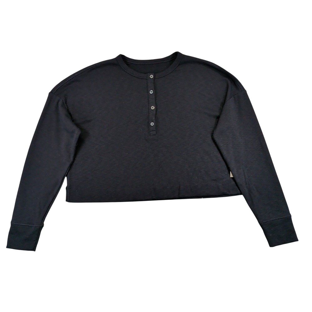 Vuori Womens Black Cropped Henley Long Sleeve Top Relaxed Fit Drop Shoulder XL